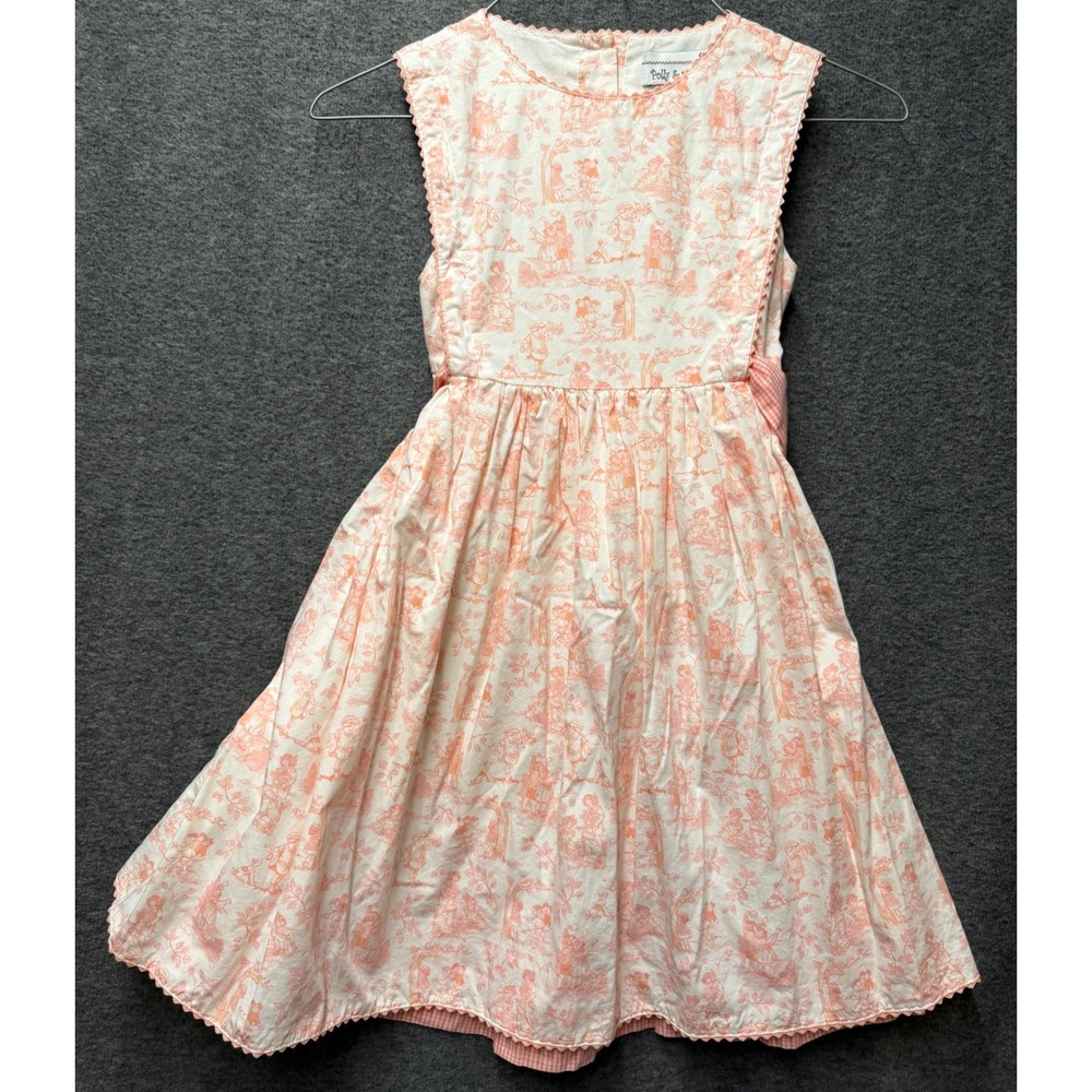 Polly & Friends Girls Peach White Toile Gingham Scallop Trim Cotton Dress Size 6